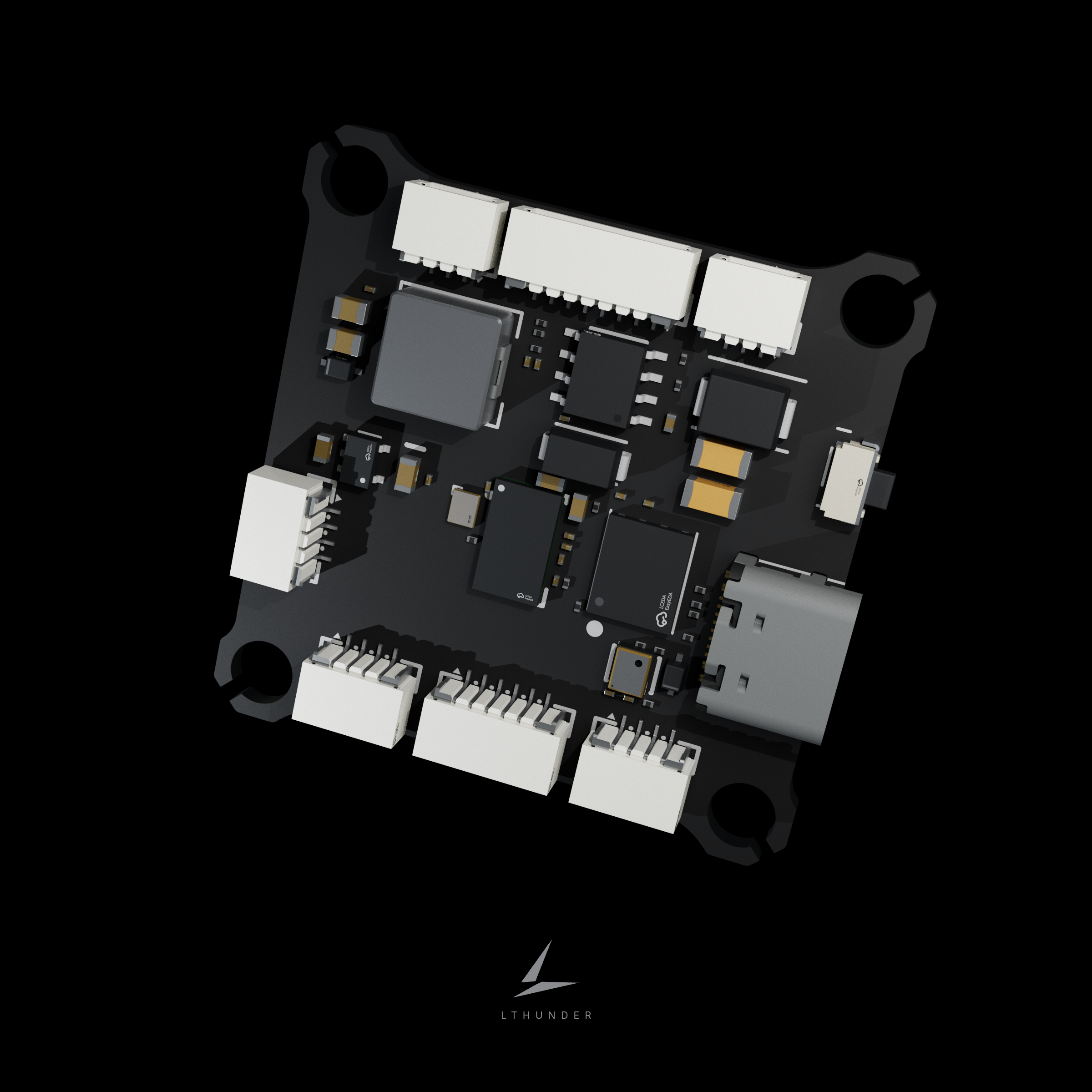Reverse of the LTHUNDER flight controller, showing connectors and the USB port.