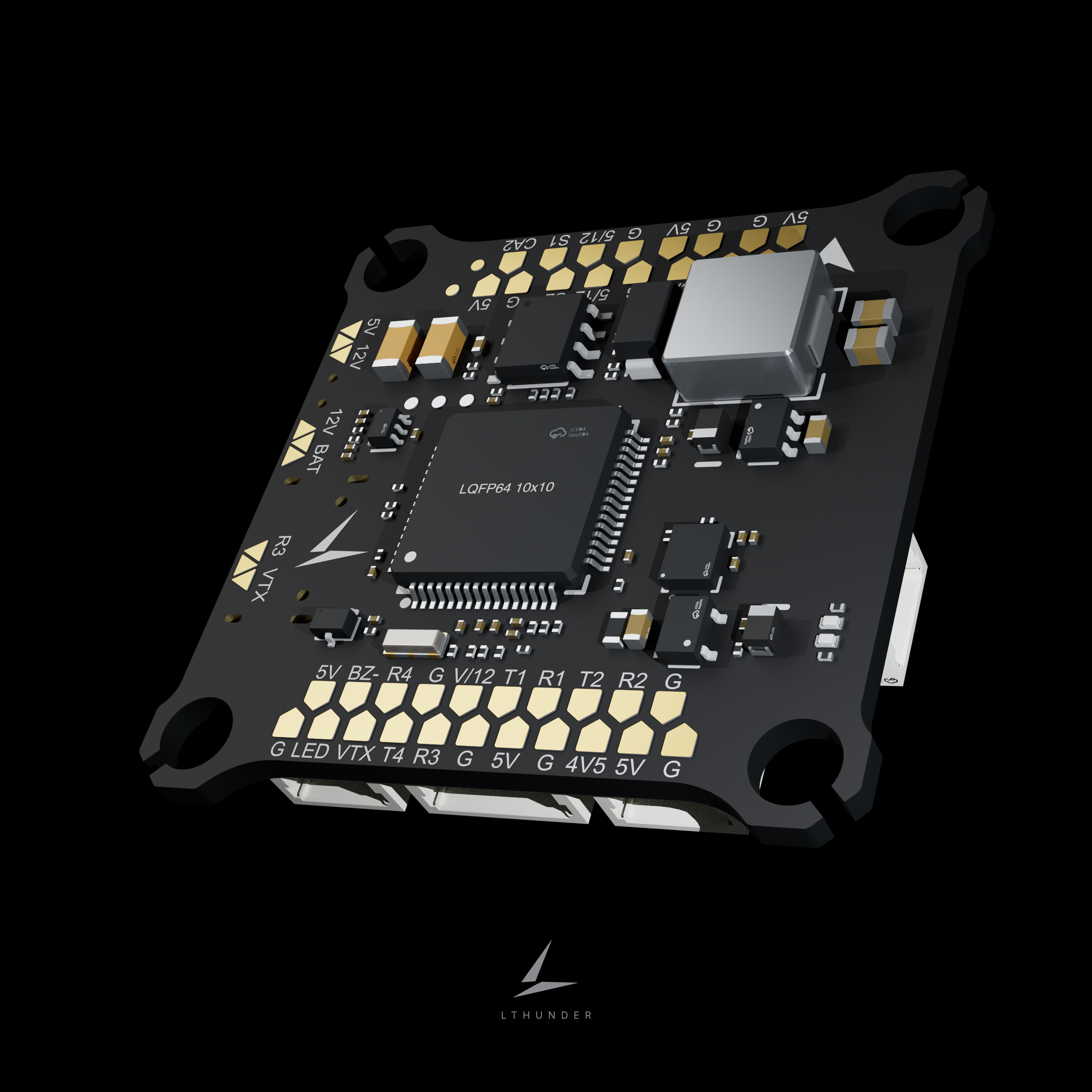 Oblique front view of the LTHUNDER flight controller, showing the board, components and gold solder pads.