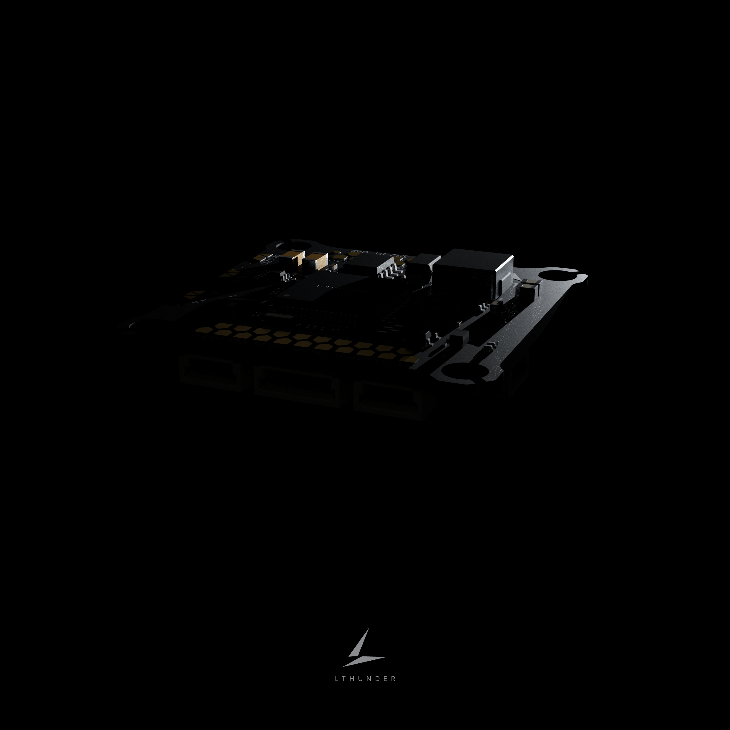 Low-angle view of the LTHUNDER flight controller, with its components outlined by light.
